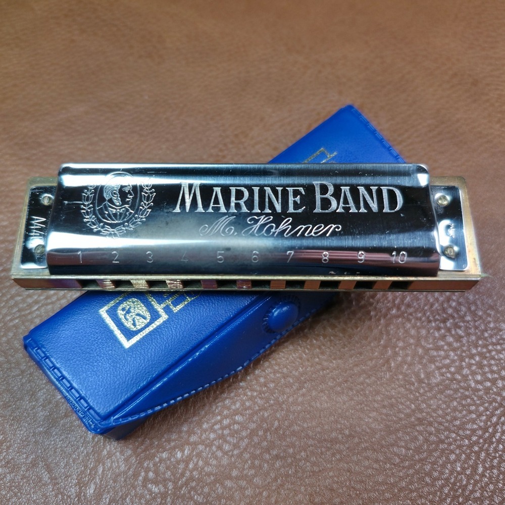 Vintage‎ M. Hohner Marine Band Harmonica Key of G Made in Germany w/ Blue Case